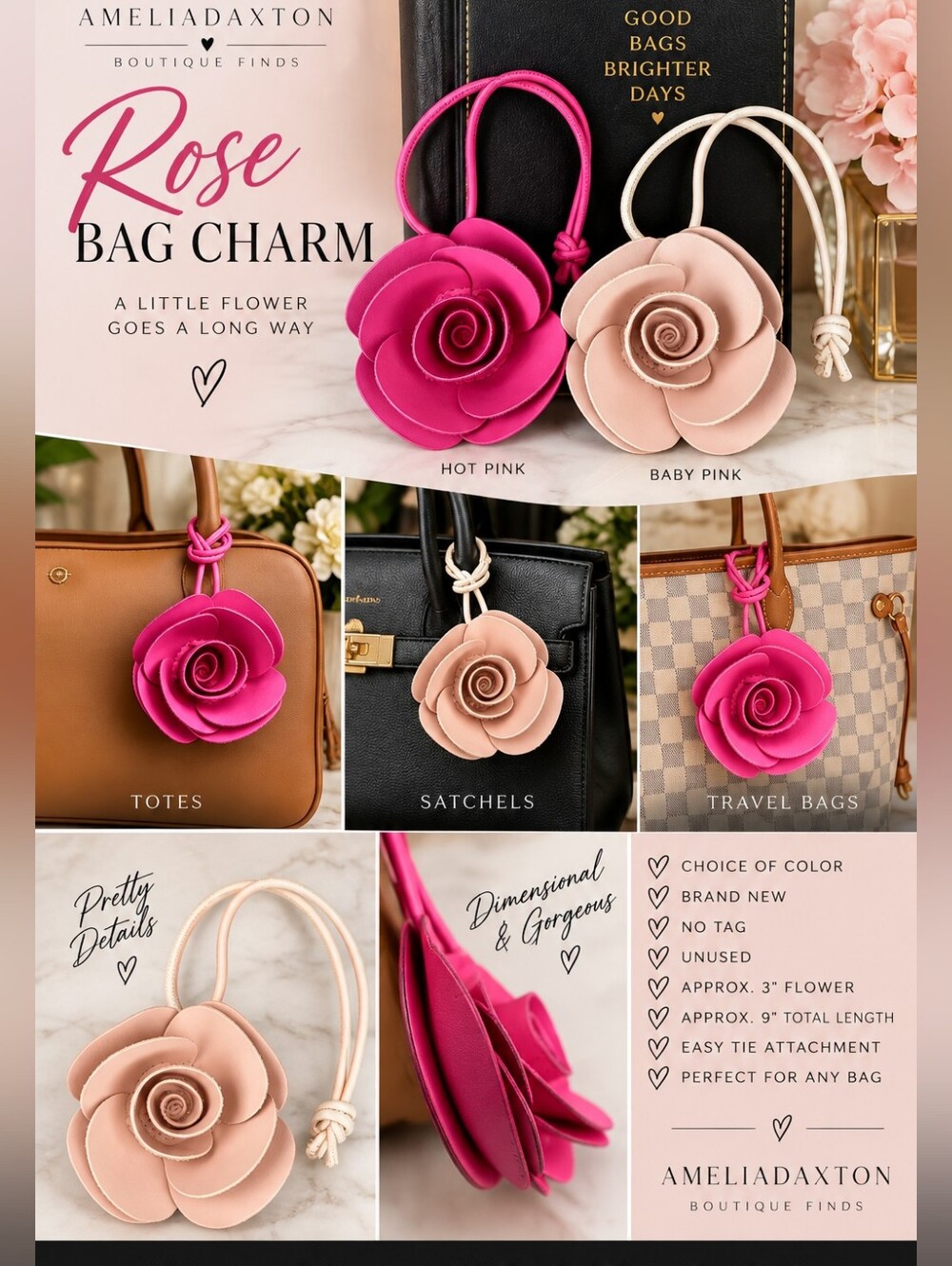 NEW Boutique 3D Rose Flower Bag Charm / Purse Charm – Choice of Pink